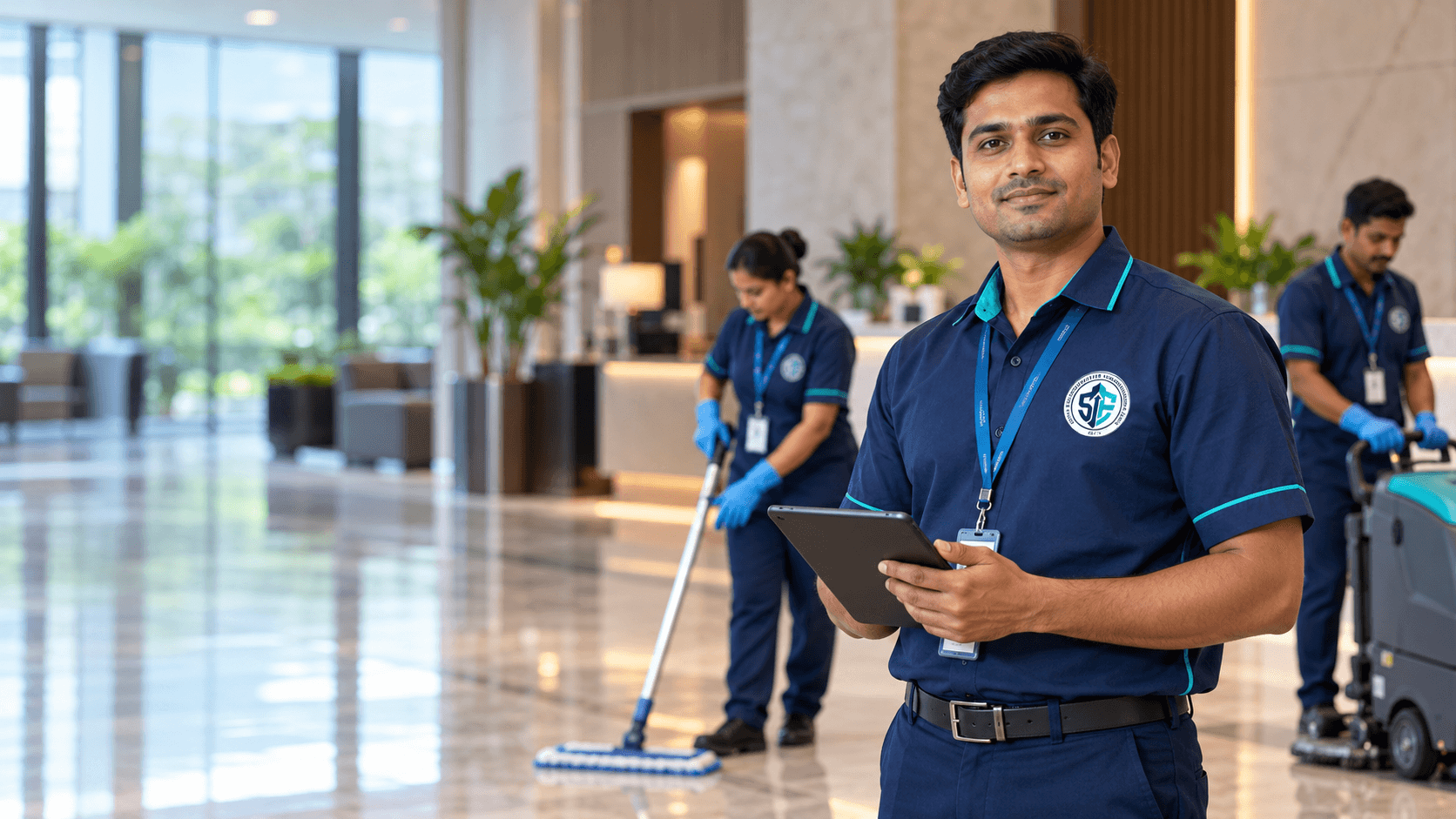 SIF facilities supervisor coordinating housekeeping work in a commercial interior