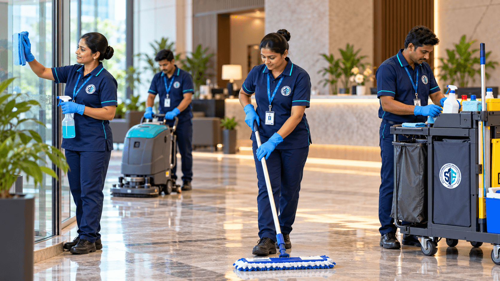 Housekeeping personnel working together in a professional facility