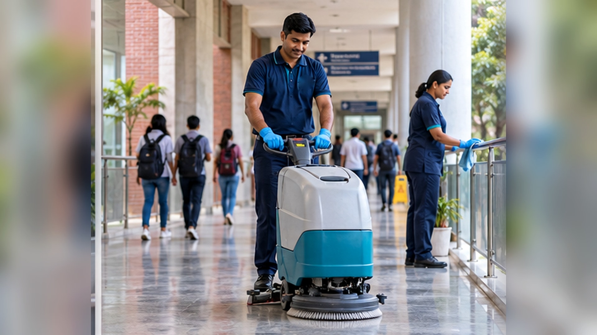 Housekeeping in an education facility corridor