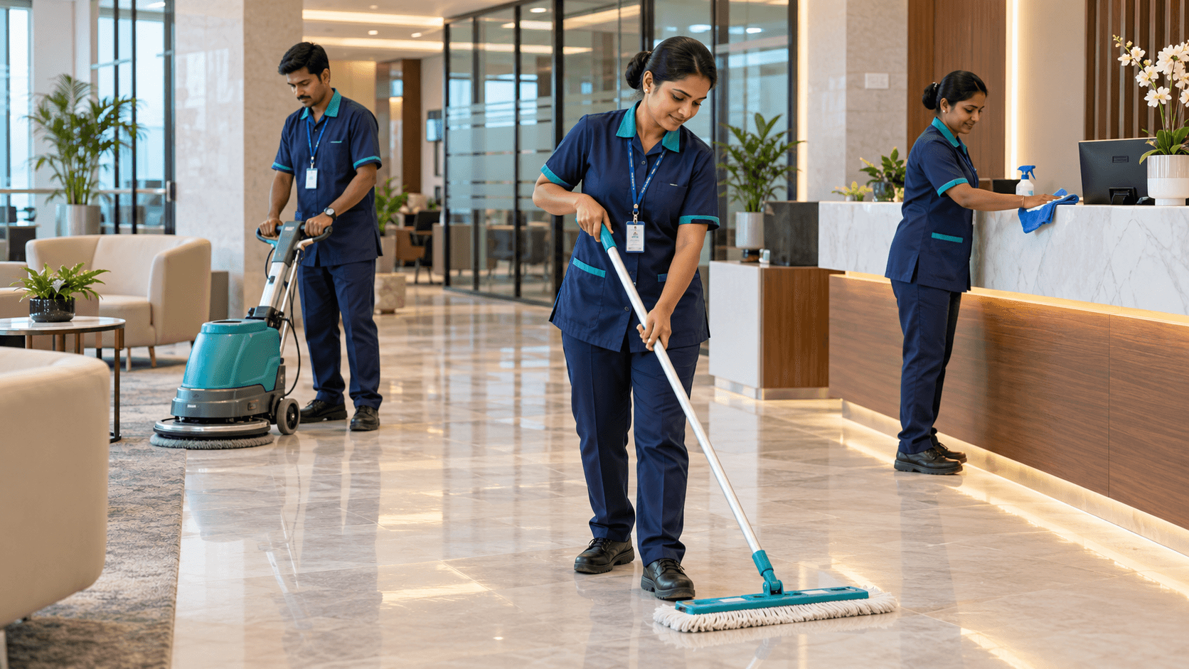 Cleaning professional working in a modern commercial facility