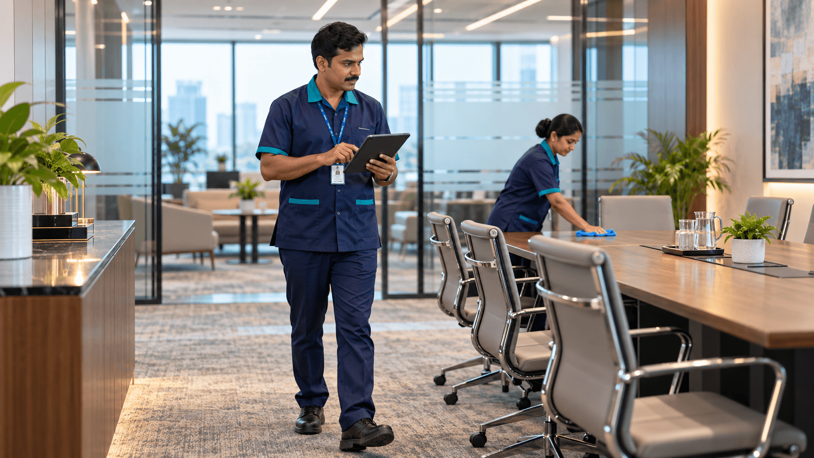 Cleaning professional in a busy retail environment
