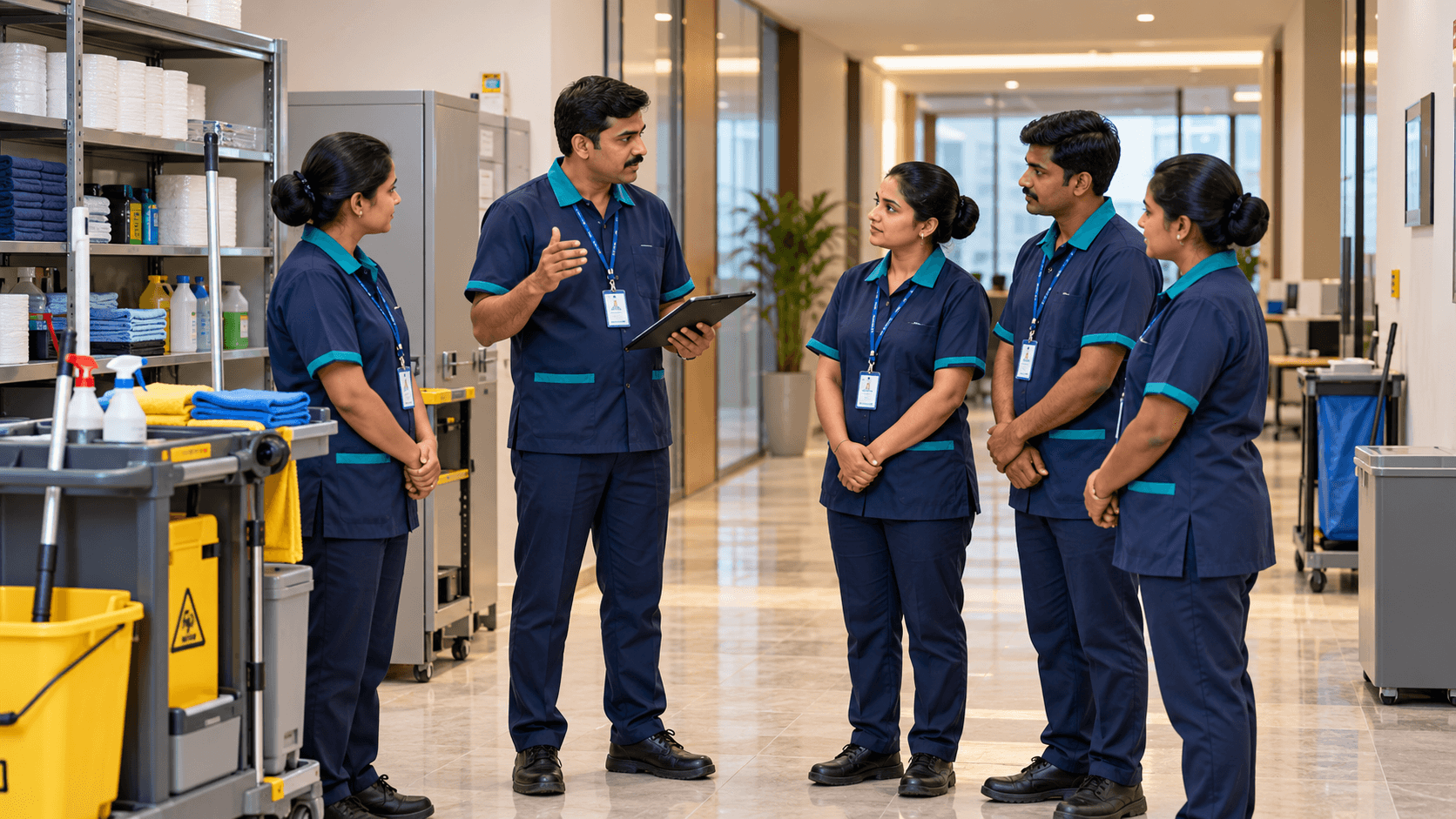 Facilities professional maintaining a technology workplace