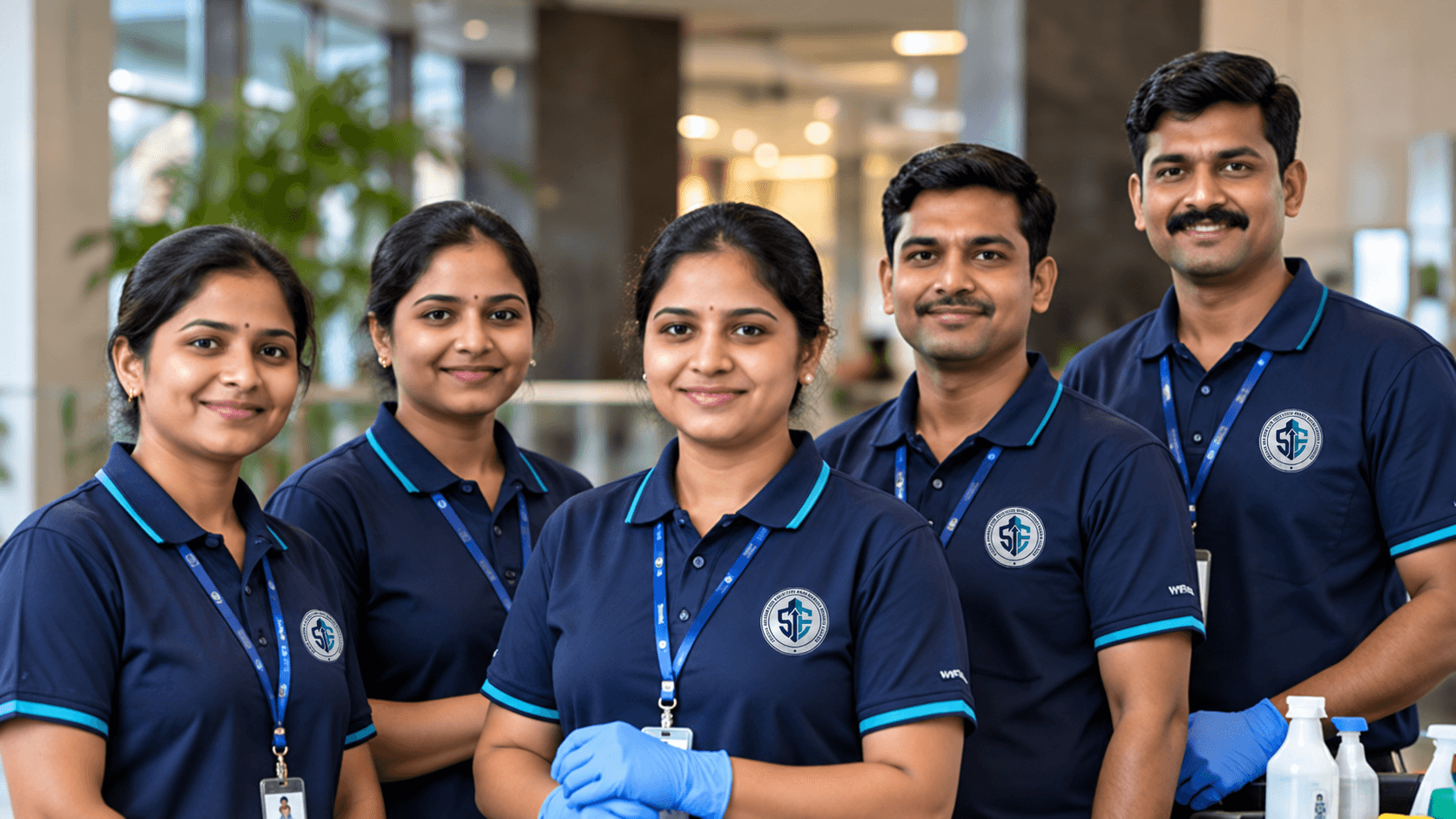 Professional housekeeping team prepared for a facility shift